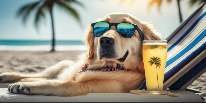 Golden Retriever dog is on summer vacation at seaside resort and relaxing rest on summer beach of Hawaii Generative AI