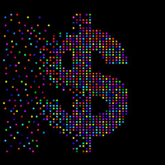 Dollar of colorful pixels with an explosion. Vector illustration