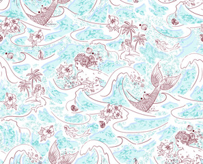 Fototapeta na wymiar Seamless trendy trendy stylish romantic beautiful marine linear digital fairy tale pattern with a mermaid and seashells for textiles, printing, decor on a white background.