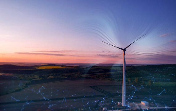 Green energy power production it is future. Windmill and graphic diagram of air currents that produce green energy. 