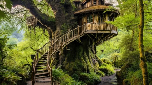 Stunning Arboreal Dwelling Tucked into an Ancient Grandiose Tree, Emblematic of Exploration and Harmony with the Natural World in 16:9 Aspect Ratio, Generative AI Illustration