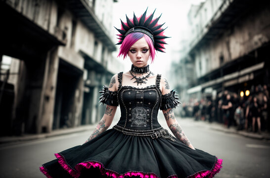 Young punk girl with pink hair posing in the city. Generative AI.