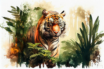 A tiger in the tropical jungle, watercolor painting style, generative ai illustration