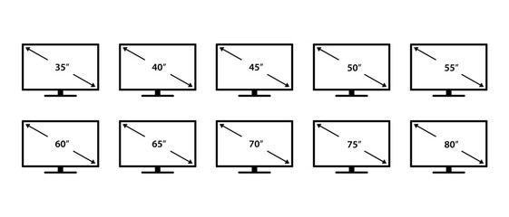 Smart TV screen vector icons set. Diagonal screen size sign. Led television display symbol