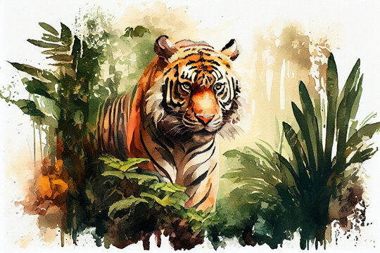 A tiger in the tropical jungle, watercolor painting style, generative ai illustration