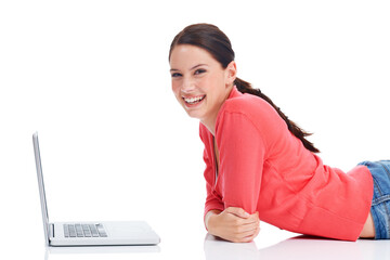 Laptop, studio portrait and happy woman on floor doing internet, website or digital web search for...