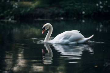 Fototapeta premium A beautiful white swan gracefully swimming in a tranquil pond - Generative AI