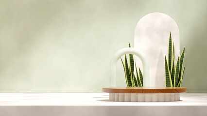 white and sage wall, sansevieria, 3d rendering blank mockup wood cylinder podium in landscape