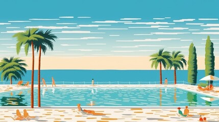 Simplistic Journey Advertisement Artwork, Calm Azure Ocean Sky, Tropical Plant beside the Swimming Area, Representing Peaceful Holiday in 16:9 Aspect Ratio, Generative AI Illustration