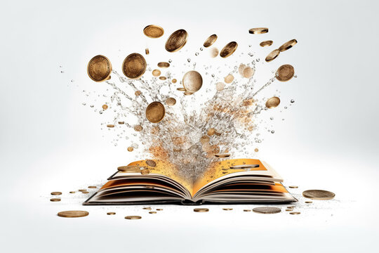 Open book with a flying coin money splash on white background, . Money book business concept, account book symbol,  Investment in education concept, AI Generative.