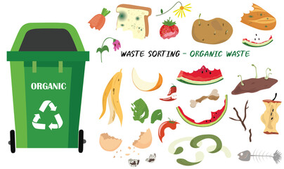 Organic garbage with leftover food, fruit peel, apple core, egg shell, bone, moldy bread, sprouting potato. Green lifestyle. Decomposable waste. Cartoon vector isolated on white  - obrazy, fototapety, plakaty