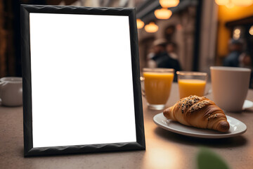 Naklejka na ściany i meble Mockup of a photo frame in a cozy cafe with coffe and food