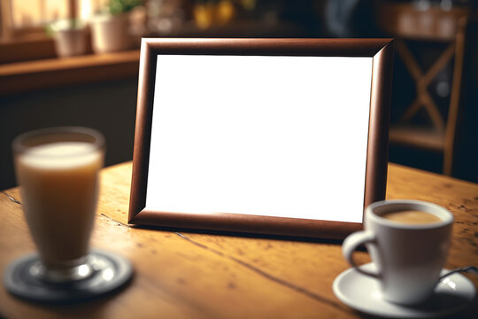 Mockup of a photo frame in a cozy cafe with coffe and food