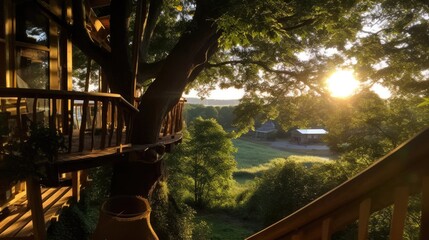 Perspective from Arboreal Dwelling Surveying an Adjacent Tree Residence, Unusual Viewpoint, Forest Solitude, Wilderness Exploration in 16:9 Aspect Ratio, Generative AI Illustration