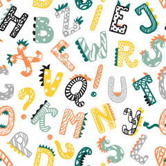 Dino alphabet seamless vector pattern. ABC letters in the style of dinosaurs. Colorful alphabet pattern in simple cartoon style for printing on childish textiles, educational materials