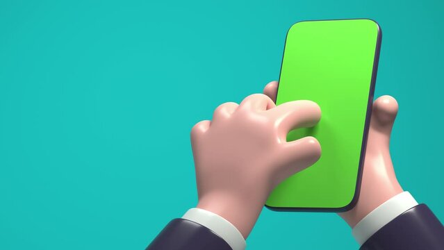 3D Cartoon business man hand in suit hold cell phone, scrolling up and tapping to click on center of phone screen. Chroma key mockup on smartphone in hand. Seamless loop cartoon style 4K animation