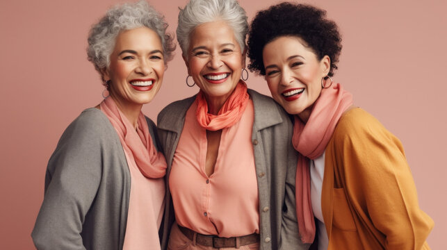 A trendy trio of senior women, aging with exuberance and grace. Generative A