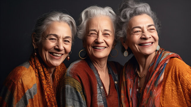Aging gracefully, three beautiful women pose in a studio setting. Generative AI