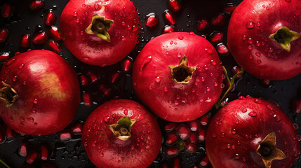 Fresh ripe pomegranades with water drops background. Fruits backdrop. Generative AI