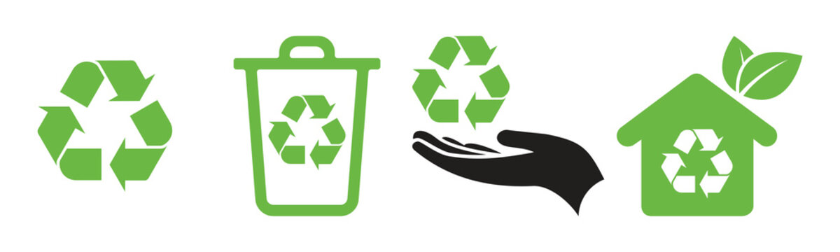 Recycle vector icon set, Ecology green icons for packaging. trash and green house symbol,Hand holding recycle symbol icon 