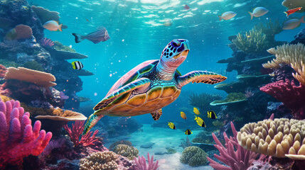 Fototapeta na wymiar Sea turtle surrounded by a variety of bright and colorful sea creature behind. Generative ai