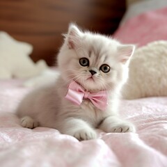 Cute persian kitten with pink bow on the neck resting on the bed. Created with Generative AI technology
