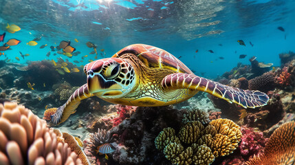 Obraz na płótnie Canvas Sea turtle surrounded by a variety of bright and colorful sea creature behind. Generative ai