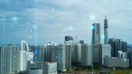Modern city and light ray. The road to the future. Communication network.