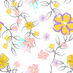 Pink Flowers Blooming Pattern. Pastel Watercolor.