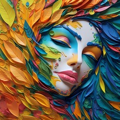 Feminine face integrated into the artistic background of colorful paper leaves and shapes. Generative AI.