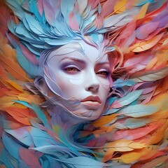 Feminine face integrated into the artistic background of colorful paper leaves and shapes. Generative AI.