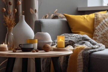 Fototapeta na wymiar house decor grey yellow interior home pillow sofa modern cushion bright. Generative AI.