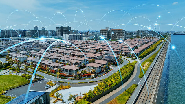 Modern residential area and communication network concept. Internet of Things. Smart house.