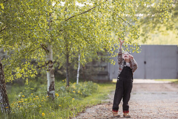 A little boy of 4 years old in an aviator cap and stylish clothes plays outdoors in spring. Portrait of a child on the background of a birch grove.