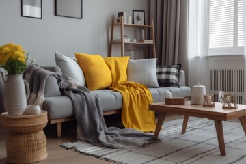 furniture yellow pillow home decor sofa modern cushion house interior grey. Generative AI.
