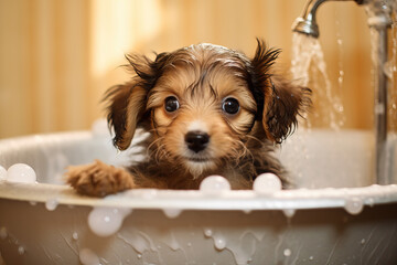 puppy dog sitting in bathtub, ai generated