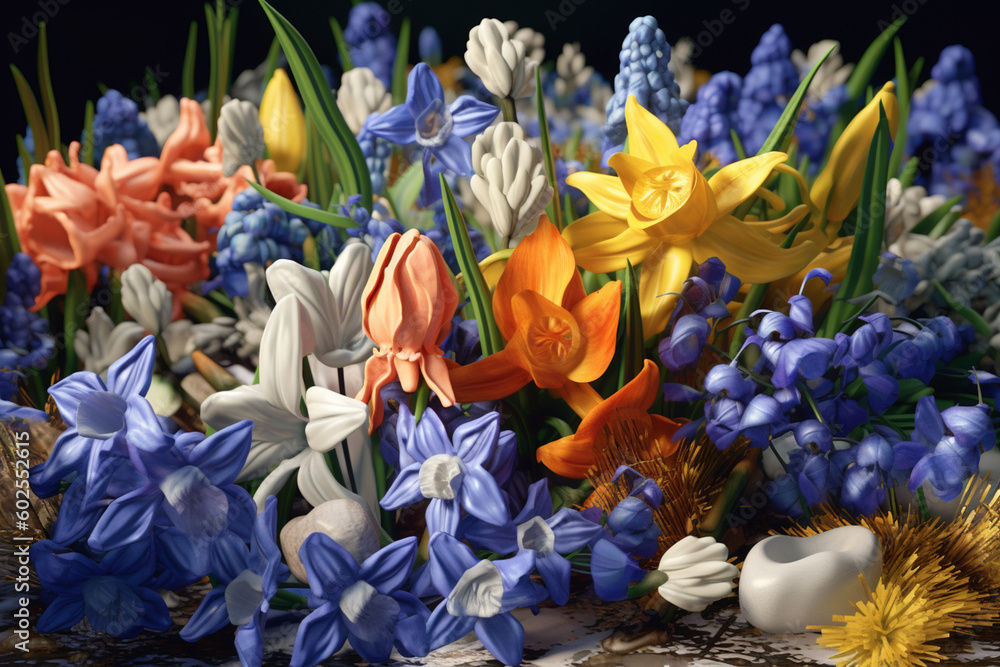 Poster a colorful array of spring flowers, such as daffodils and hyacinths. generative ai technology