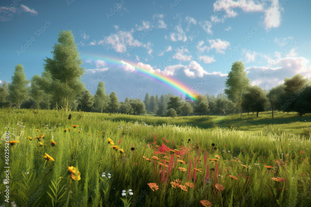 Poster a green field with a rainbow in the background . generative ai technology
