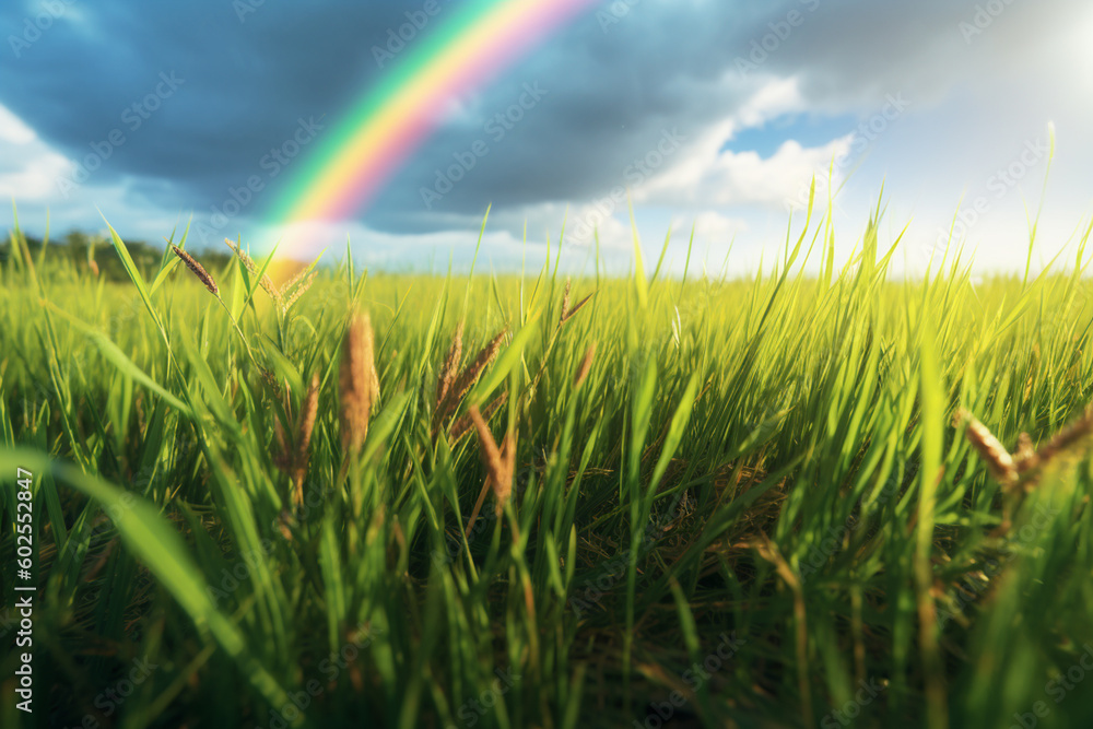 Poster a rainbow over a field of green grass. generative ai technology