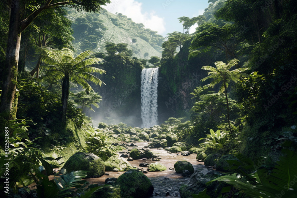 Poster a waterfall surrounded by lush greenery. generative ai technology