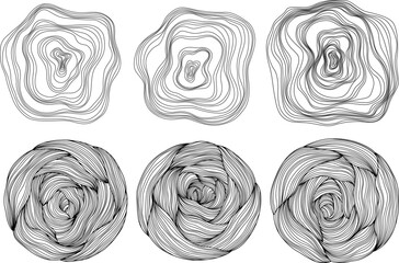 Abstract tree rings. Topographic map concept set. Collection for background. Thin black lines on white shapes.