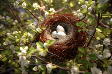 Fototapeta na wymiar A bird's nest with eggs in a blooming tree. Generative AI technology