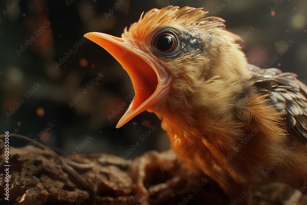 Poster A baby bird with its mouth open, waiting to be fed by its mother.  Generative AI technology