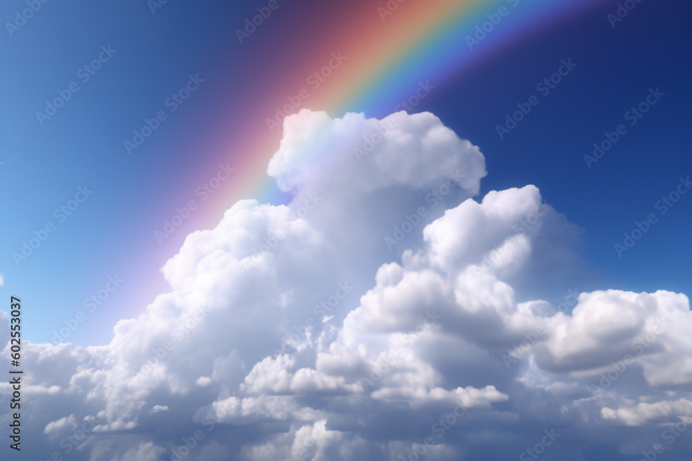 Poster a blue sky with white fluffy clouds and a rainbow in the distance. generative ai technology