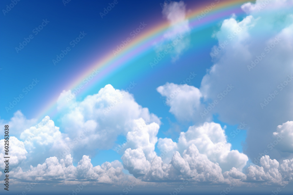 Poster a blue sky with white fluffy clouds and a rainbow in the distance. generative ai technology