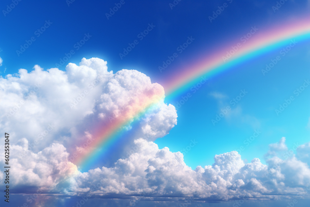 Poster a blue sky with white fluffy clouds and a rainbow in the distance. generative ai technology