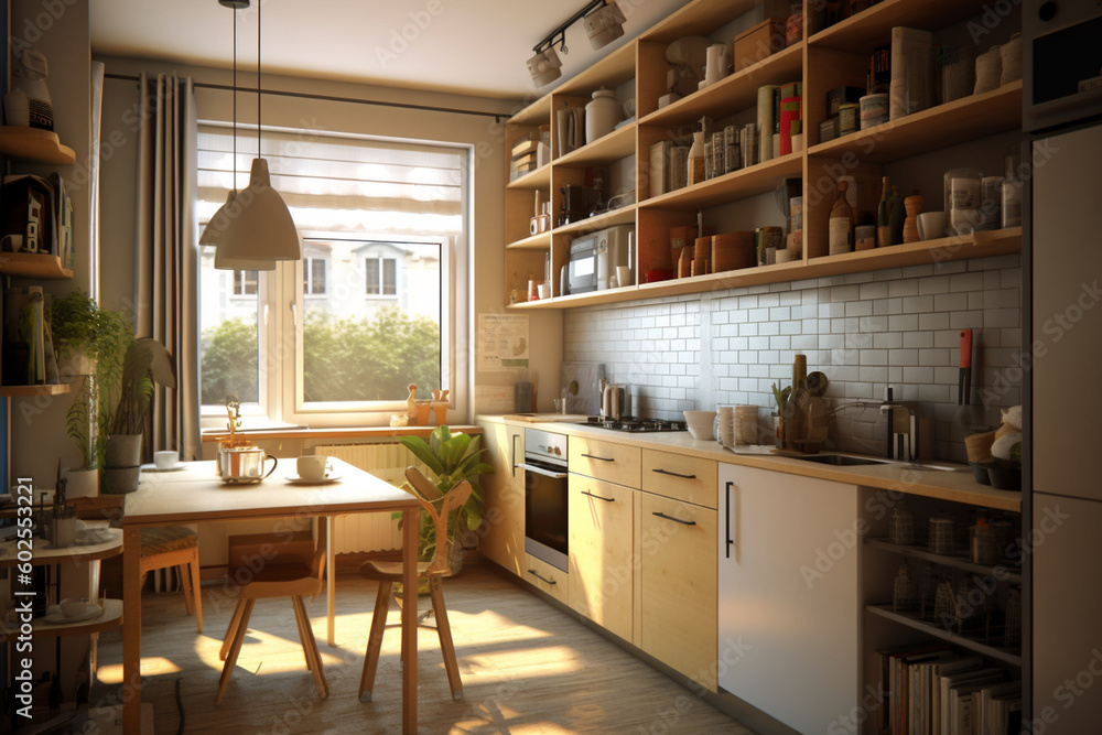 Poster A small but functional kitchen with clever storage solutions. Generative AI technology