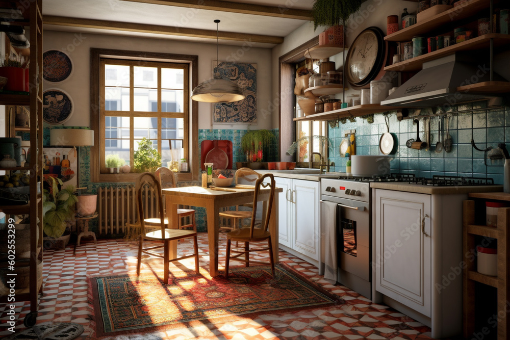 Poster  A kitchen with an eclectic mix of patterns and textures Generative AI technology