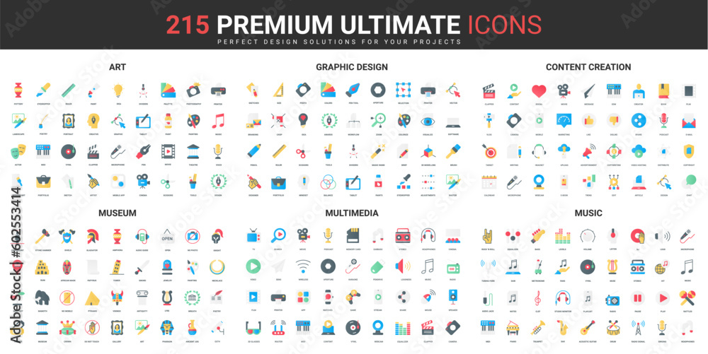 Aufkleber art content, multimedia creation color flat icons set vector illustration. abstract symbols of museu