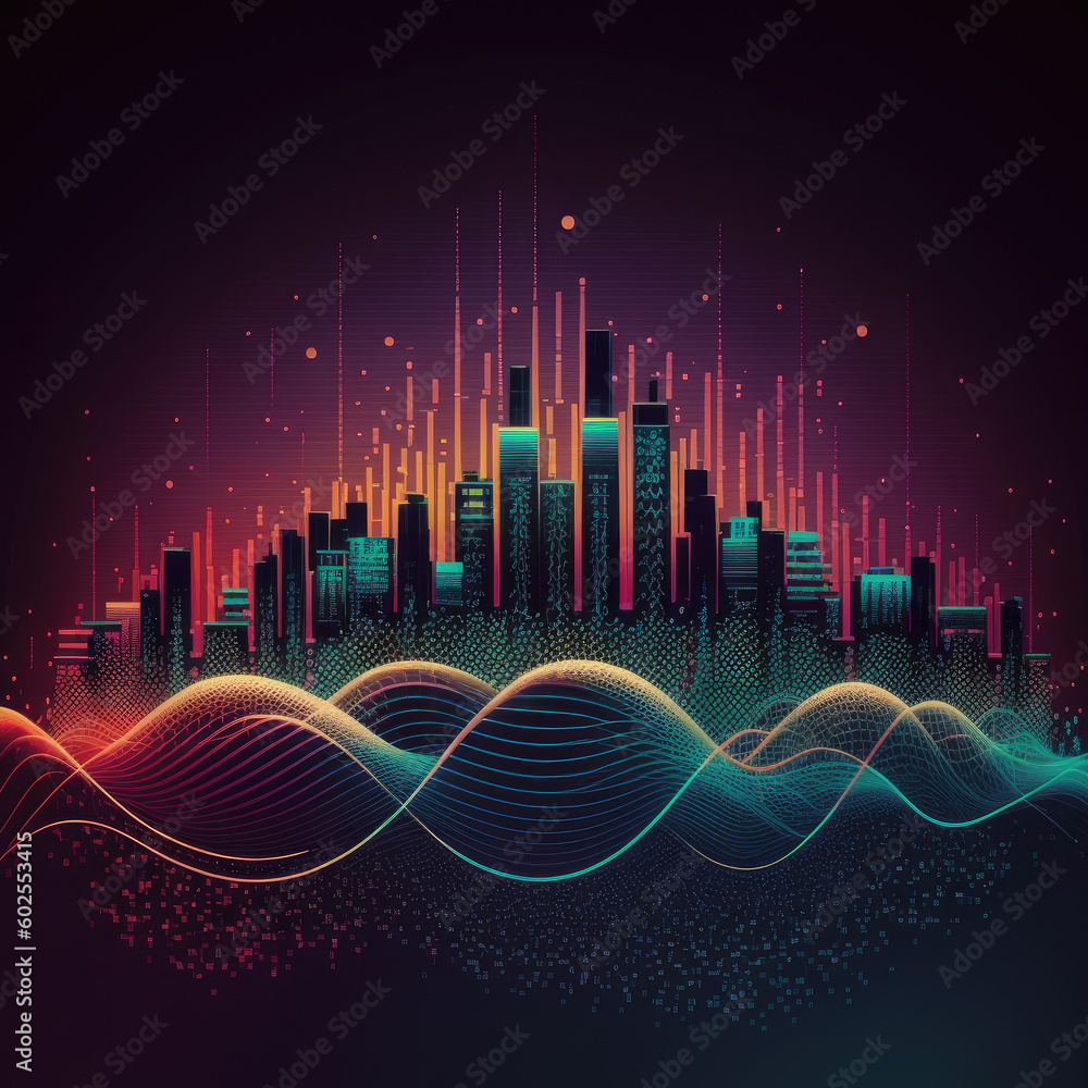Aufkleber smart city with lines and waves with dots, big data technology, created with generative ai